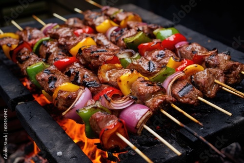 Skewers of meat on the grill with onions and peppers. Generative AI