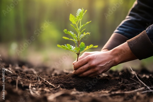 A person hands planting one small seedling oak tree, in front of a forest. Rehabilitation and restoration of forests