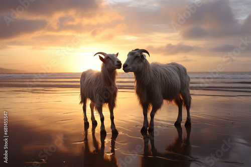 a pair of goats are walking on the beach