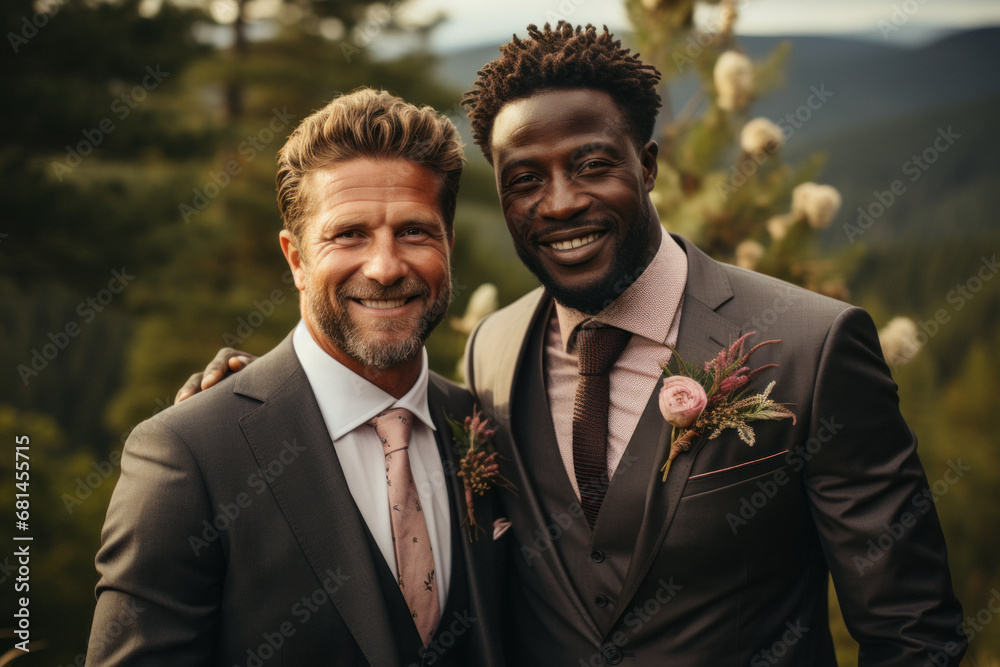 Multinational gay grooms on their wedding day against the background of nature Multinational gay grooms on their wedding day against the background of nature