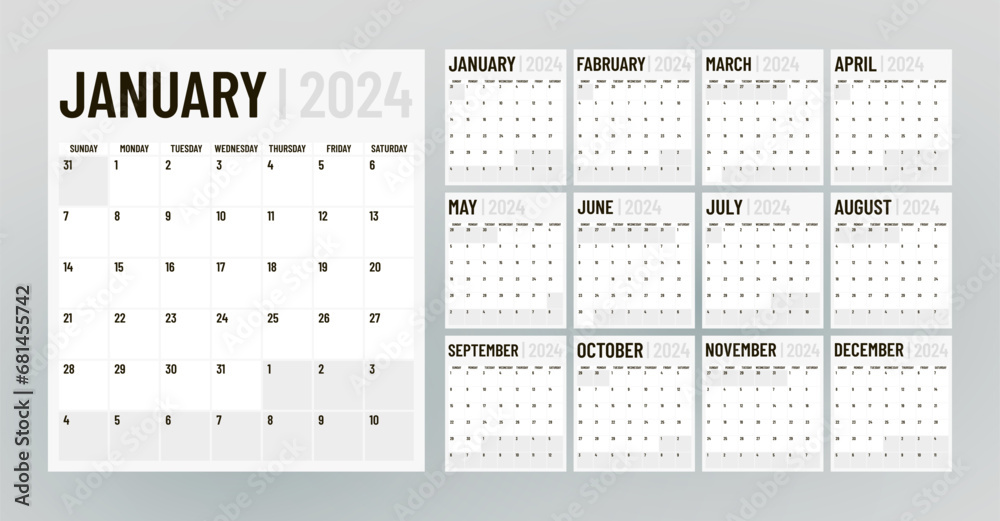 Classic monthly calendar for 2024. Minimalistic style calendar. Classic monthly calendar for 2024. Minimalistic style calendar.