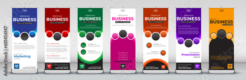 Modern roll up Banner Design set for signboard Advertising Template standee X banner for Street Business in red, green, blue, yellow, orange, purple, orange   