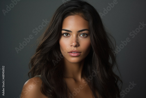 Portrait of a beautiful young brunette latin woman with long hair.