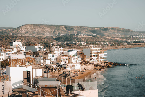 Beautiful sunset at taghazout beach in Agadir, Morocco