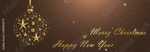 Brown christmas background with gold stars and balls.	