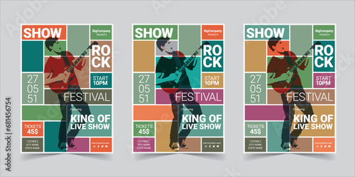 Retro Music Festival Flyer Design with a Colorful Grid Layout Featuring Bold Typography, Distressed Textures, Event Details, and Guitar Imagery for Concert Promotions and Branding