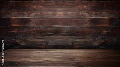 Dark wooden background wall with empty table
