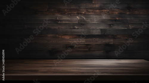 Dark wooden background wall with empty table