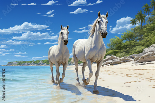 a pair of horses are walking