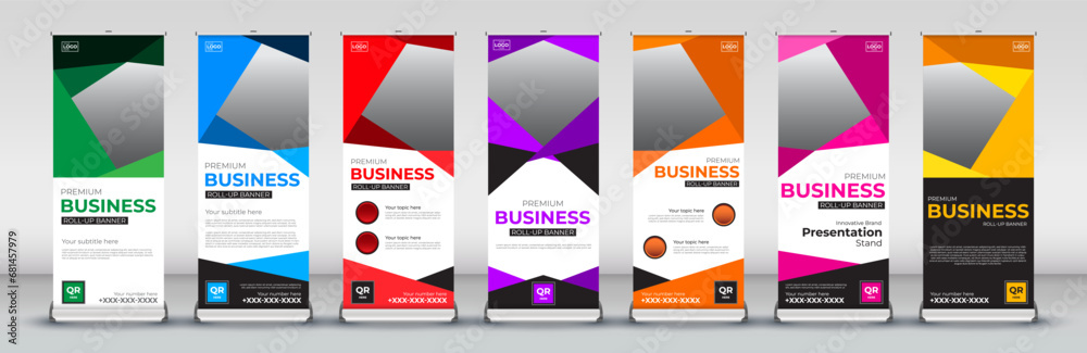 Modern abstract roll up Banner Design set for signboard Advertising Template standee X banner for Street Business in red, green, blue, yellow, orange, purple, orange   