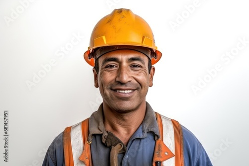 Middle-aged construction worker in yellow helmet smiling