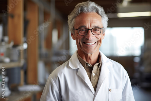 Smiling mature scientist in lab coat in a laboratory
