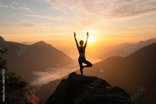 Silhouette of woman practicing yoga on mountain at sunrise