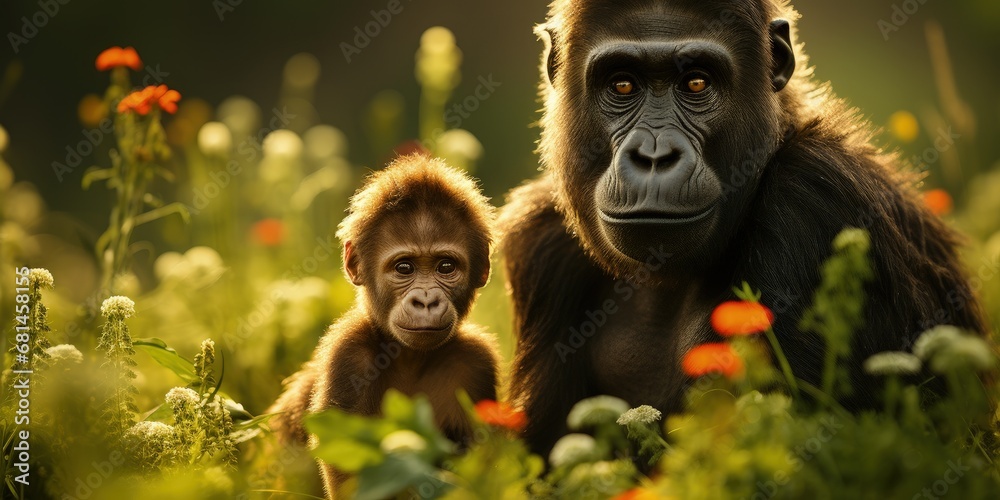 Mother and Baby Gorilla in Serene Natural Setting