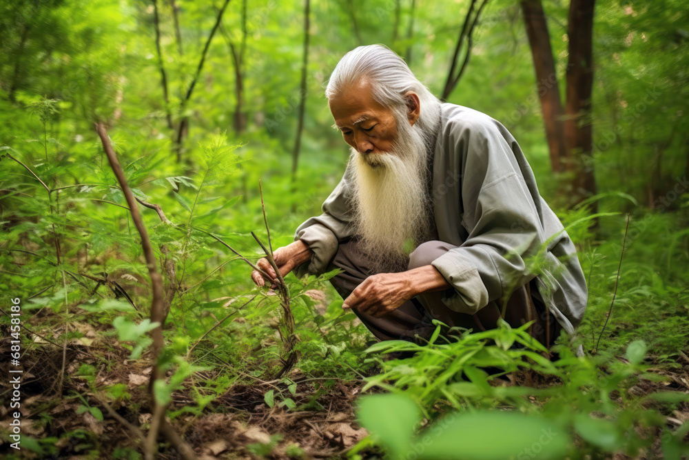 Elderly Asian man harvesting wild ginseng roots in forest