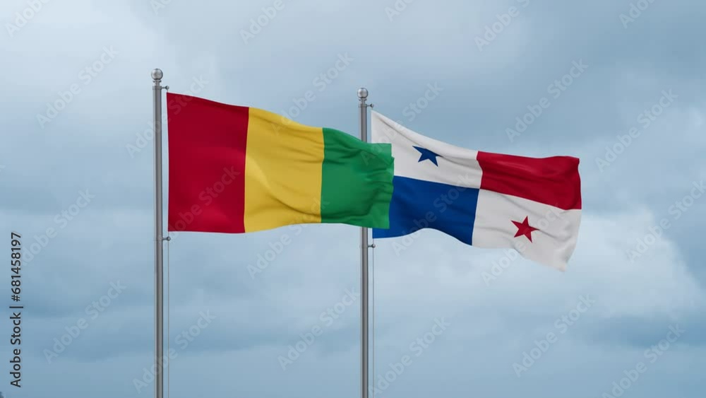 Panama flag and Republic of Guinea flag waving together on cloudy sky, endless seamless loop, two country relations concept Panama flag and Republic of Guinea flag waving together on cloudy sky, endless seamless loop, two country relations concept