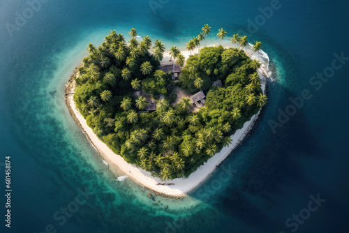 Aerial view of a heart-shaped tropical island with lush palm trees and crystal waters