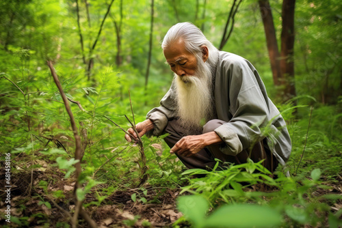 Elderly Asian man harvesting wild ginseng roots in forest photo