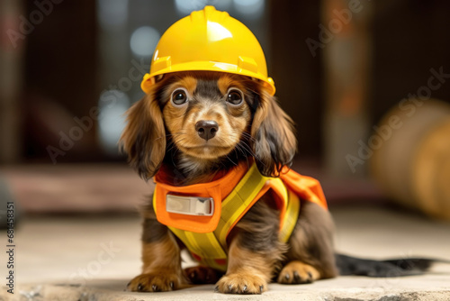 long-haired dachshund puppy wearing a yellow construction helmet and orange safety vest