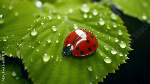 A close-up of two ladybugs meeting on a leaf, forming a heart shape.