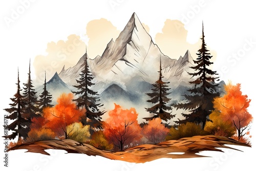 watercolor illustration autumn forest in the mountains isolated on white background