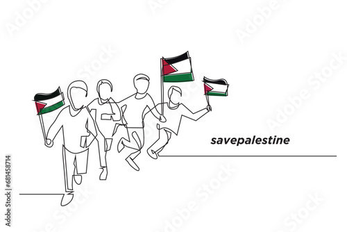 save palestine.kids running with palestine flag.free palestine.continuous line vector.line art isolated white background