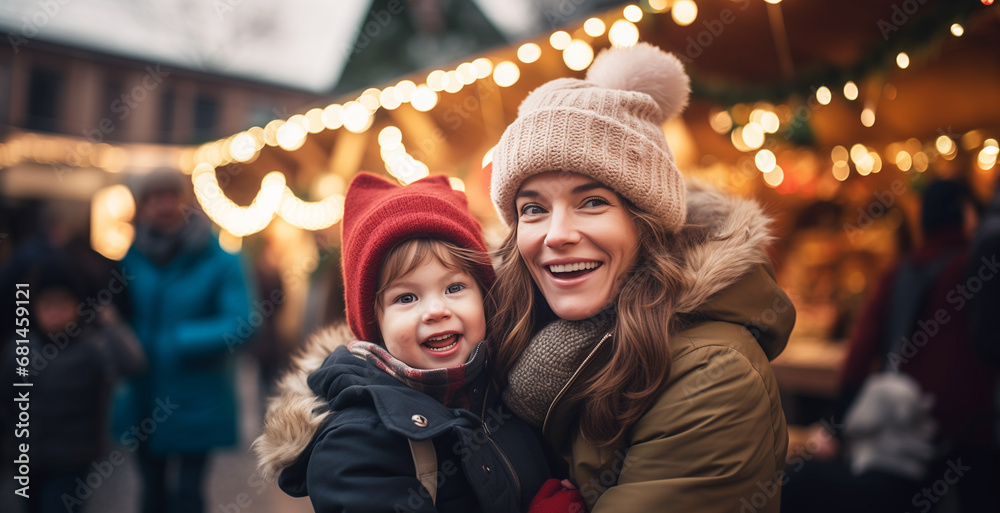 Smiling mother and child on christmas market,  ai generated