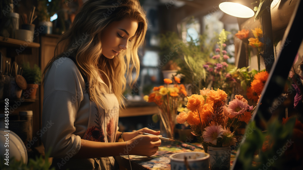 Florist making a new composition from flowers, ai generated Florist making a new composition from flowers, ai generated