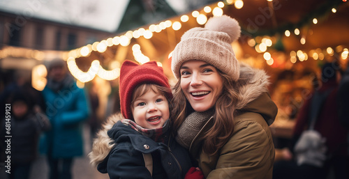 Smiling mother and child on christmas market, ai generated
