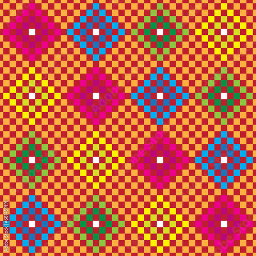 Seamless pattern created by many squares set color like pixel flowers