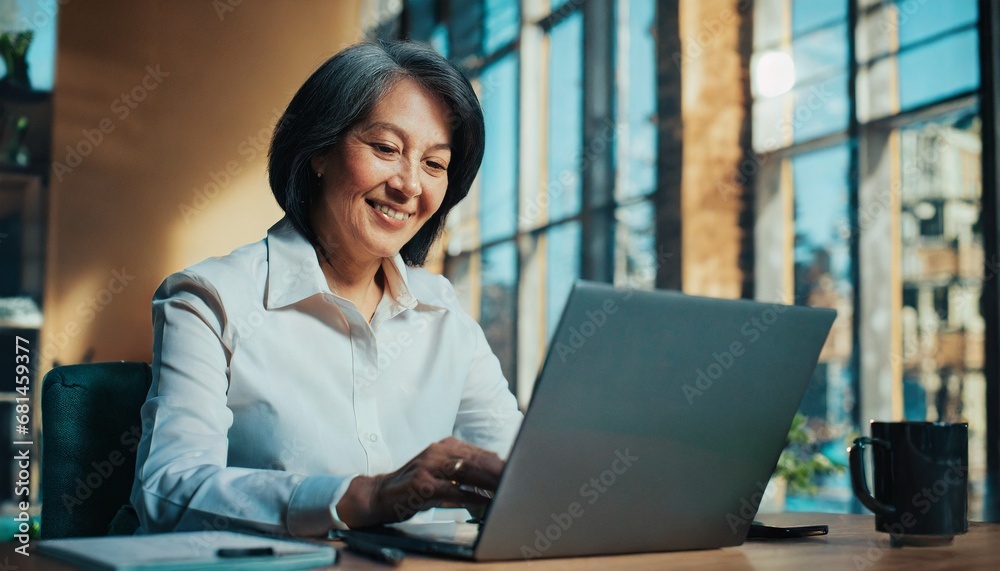 A smiling senior works on a laptop. Mastering modern technologies by an elderly person A smiling senior works on a laptop. Mastering modern technologies by an elderly person