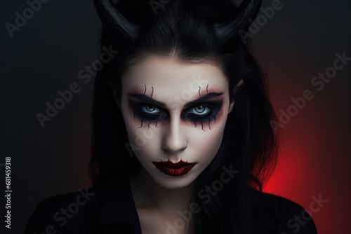 Extreme close-up portrait in studio of a young woman with demon makeup, dark female energy 