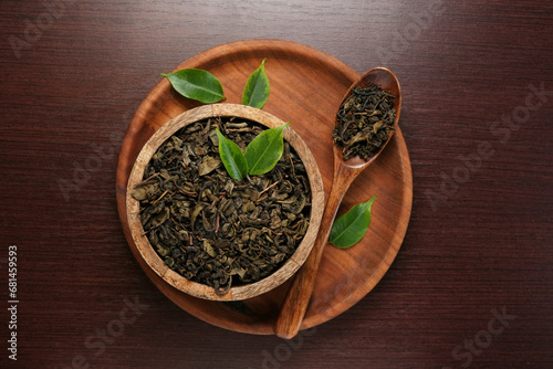 Green tea with spoon and leaves on dark background. Healthy drink concept. Copyspace, flat lay, top view. Banner. 