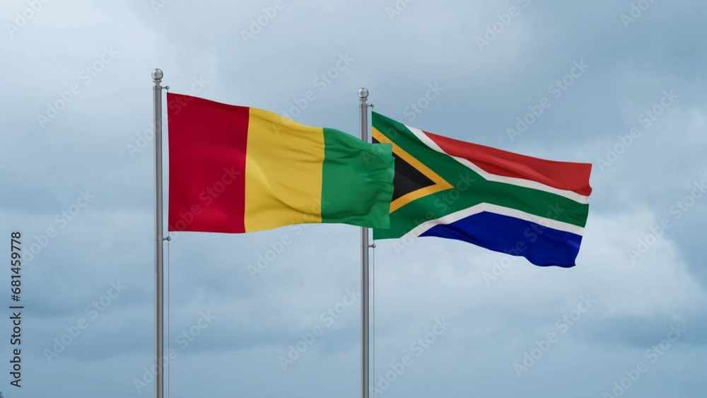 Republic of South Africa and Republic of Guinea flag waving together on cloudy sky, endless seamless loop, two country cooperation concept Republic of South Africa and Republic of Guinea flag waving together on cloudy sky, endless seamless loop, two country cooperation concept