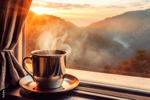 Steaming Coffee Mug over train window with Mountain View at Sunrise photo