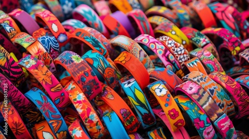 A colorful array of festival-goers' wristbands at Glastonbury, forming a beautiful pattern.