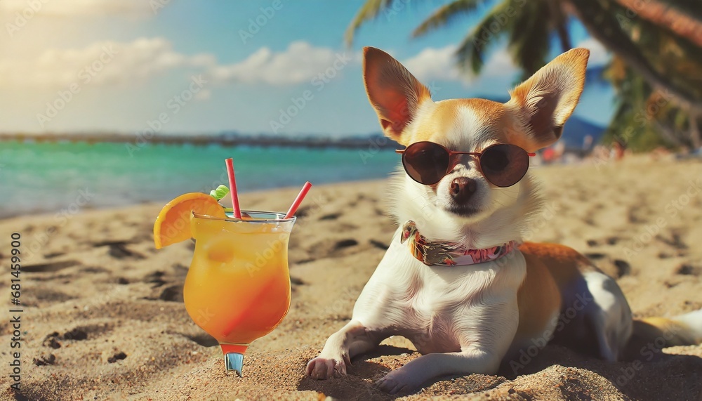 Chihuahua dog is relaxing on the beach with a cocktail. Resort holiday concept with pets  - obrazy, fototapety, plakaty 