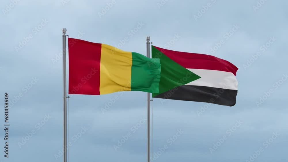 Sudan and Republic of Guinea flag waving together on cloudy sky, endless seamless loop, two country cooperation concept Sudan and Republic of Guinea flag waving together on cloudy sky, endless seamless loop, two country cooperation concept