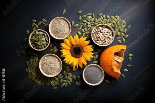 Top view of flaxseeds, pumpkin, sesame and sunflower seeds on dark background. Food photo of Seed Cycling for Hormone Balance photo