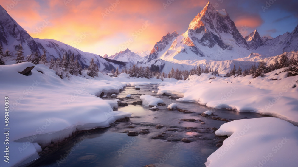 Winter mountain landscape at sunrise