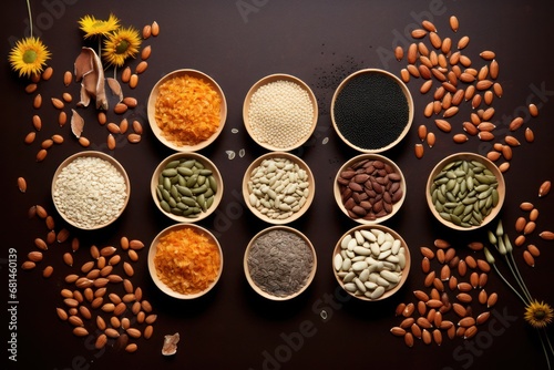 Top view of flaxseeds, pumpkin, sesame and sunflower seeds on dark background. Food photo of Seed Cycling for Hormone Balance photo