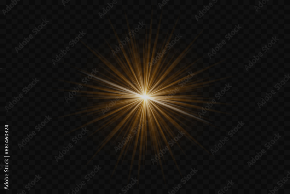 Shining sun flare, golden lens flare, sunlight, special lens effect. Light effect with rays. On a transparent background.