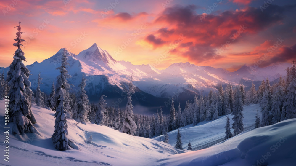 Winter mountain landscape at sunrise