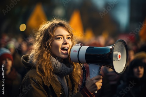 A woman protests at a rally with a loudspeaker. A woman claims her rights to support other people