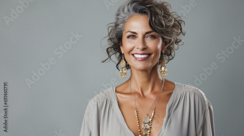 Portrait of beautiful middle aged woman with curly hair smiling at camera.