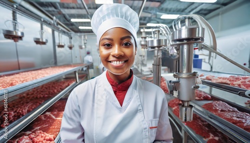 Female meat processor in uniform at a meat processing plant photo