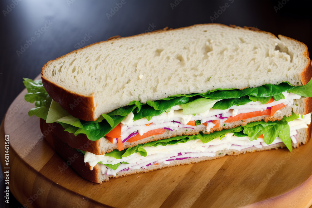 Sandwich with ham, cheese and salad on a white plate. sandwich with tuna and vegetables. Generative AI Sandwich with ham, cheese and salad on a white plate. sandwich with tuna and vegetables. Generative AI