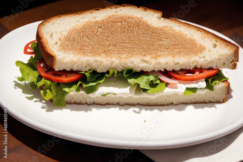 Sandwich with ham, cheese and salad on a white plate. sandwich with tuna and vegetables. Generative AI