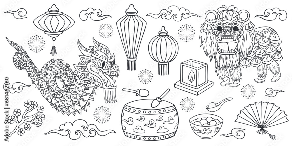 Chinese New Year and Lantern Festival symbols set isolated on white. Black outline drawing sketch. Vector picture for illustration of lunar calendar holiday and eastern asian traditional celebration.