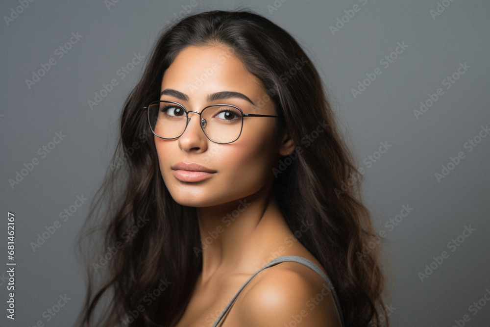 Portrait of a beautiful young woman with long hair wearing glasses.